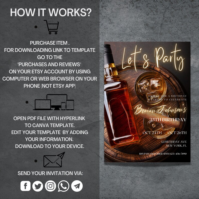 Puede incluir: Una invitaci&oacute;n digital para una fiesta de cumplea&ntilde;os n&uacute;mero 35 con tem&aacute;tica de whisky. La invitaci&oacute;n presenta un barril de madera marr&oacute;n con un vaso de whisky y una botella de whisky. El texto "Let's Party" est&aacute; en letras doradas. La invitaci&oacute;n incluye el nombre del cumplea&ntilde;ero, "Braian Johusons", la fecha de la fiesta, "Oct 24th - Oct 26th", y la ubicaci&oacute;n, "12 Birthday Ave, New York, FL".