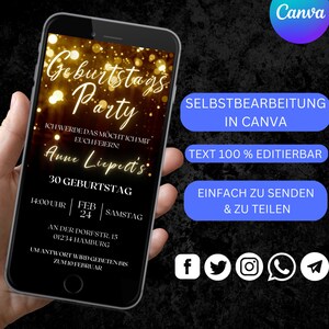 Puede incluir: Una invitaci&oacute;n digital para una fiesta de cumplea&ntilde;os con un fondo de brillo dorado. El texto dice "Geburtstags Party" e incluye el nombre "Anne Liepett's" y la fecha "Feb 24".