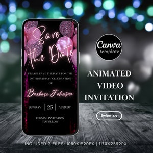 Digital Black Pink Neon Save the Date Animated Video Invitation for Woman Minimalist Save The Date Instant Download Editable Template 149