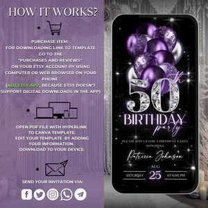 May include: A black and silver digital invitation for a 50th birthday party. The invitation features a large number 50 with silver glitter and purple balloons. The text reads "50th Birthday Party" and "Please join us for a birthday party honouring Patricia Johnson. Saturday, August 25 at 6:00 PM."