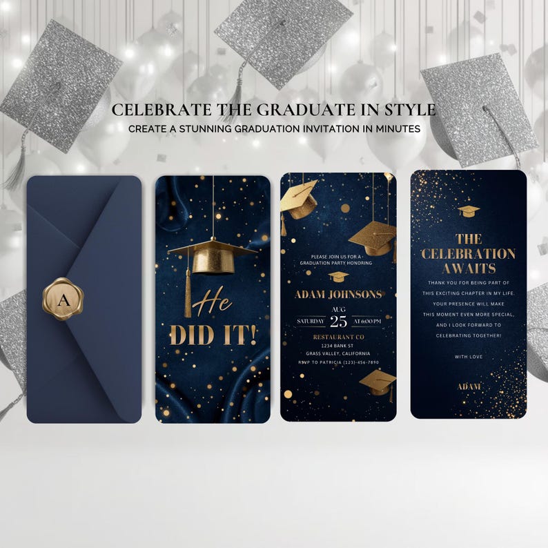 He Did It Graduation Invitation Template 2026, Animated Graduation Evite, Editable Canva Grad Party Invite, Navy Blue Gold Grad Invite bild 2