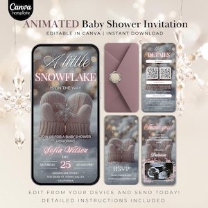 Può includere: Modello di invito animato per baby shower a tema fiocco di neve. Il design include una grafica per smartphone con il testo "A little snowflake is on the way" e i dettagli dell'evento. Sono incluse schede aggiuntive.