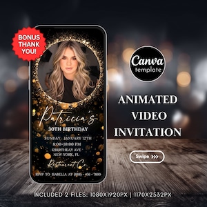 Editable Birthday Invitation Template Black and Gold Birthday invite for girls Birthday party Invitation with photo Animated Video Invite 6