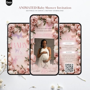 May include: Animated baby shower invitation on three smartphones. The design features pink roses, butterflies, and the text "Baby in Bloom." The invitation includes event details, including the date, time, and location.