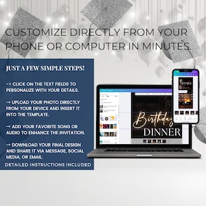 Puede incluir: Un port&aacute;til y un smartphone muestran una invitaci&oacute;n digital con el texto "Birthday Dinner". La imagen incluye instrucciones: personalizar, subir fotos, agregar audio y compartir por mensaje o redes sociales.
