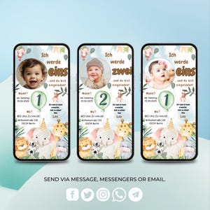 May include: Three colorful phone screen mockups with a jungle animal theme. Each screen has a photo of a baby, a number balloon, and the text "Ich werde eins" or "Ich werde zwei" which translates to "I am turning one" or "I am turning two".