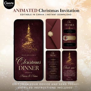 Op de afbeelding: Een geanimeerde kerstuitnodigingssjabloon met een bordeauxrode achtergrond en gouden accenten. Het ontwerp bevat een kerstboom, uitnodigingsdetails en een menu. Tekst bevat "Kerstdiner" en "Bedankt!"
