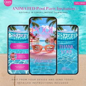 May include: Three smartphone screens displaying an animated pool party invitation template. The design features a bright blue swimming pool background, pink text, and a pair of orange sunglasses resting on a pink inflatable ring in the center.