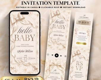 Modello di sito web per baby shower, invito per baby shower modificabile su Canva, sito web con RSVP cliccabile, invito per baby shower Hello
