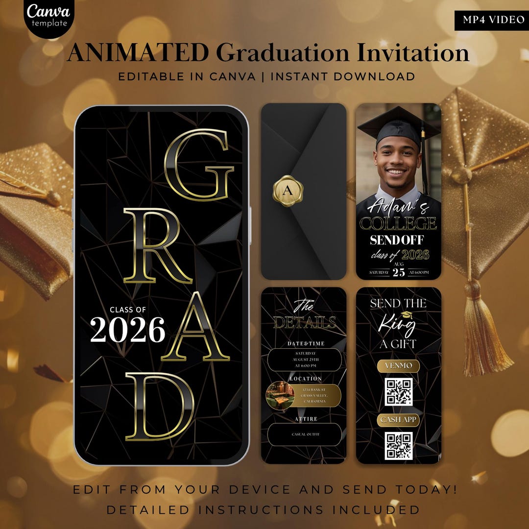 Digital Graduation Party Invitation, Animated Gold College Announcement ...