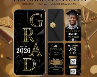 Invitación digital para fiesta de graduación, invitación animada dorada para anunciar la universidad, plantilla editable de Canva (tarjeta electrónica 772)