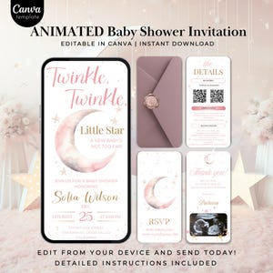 May include: An animated baby shower invitation template with a pink and gold color scheme. The design includes a phone screen with the text "Twinkle, Twinkle, Little Star" and a crescent moon graphic. Additional cards include details, RSVP, and a thank you message.