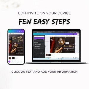 Puede incluir: Una maqueta digital de una pantalla de tel&eacute;fono inteligente y una computadora port&aacute;til que muestra una plantilla de invitaci&oacute;n personalizable. La invitaci&oacute;n presenta un fondo negro con una botella de whisky, cubitos de hielo y un cigarro. El texto de la invitaci&oacute;n dice "It's party time!" y "40th Birthday Party".