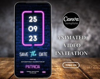 Digital Save the Date Animated Video Invitation Blue Pink Neon Light Birthday Invite Glow Party Save The Date Editable Template Adult