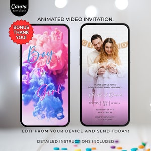 Invito modificabile per rivelare il sesso del bambino o della bambina Invito per la festa digitale Modello video Invito per la festa di lui o lei Invito virtuale SMS 334
