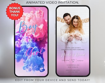 Editable Gender Reveal Invitation Digital Boy Or Girl Party Invite video Template He Or She Party Evite Virtual SMS Text Message Invite 334
