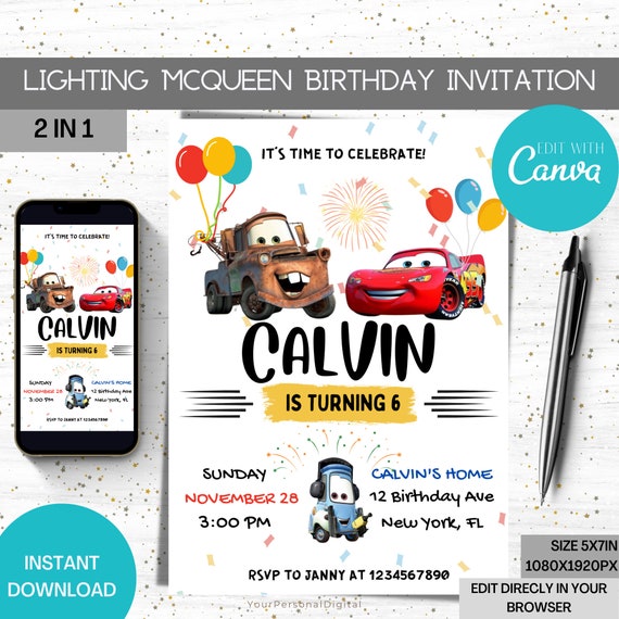 Disney Cars Birthday Invitation Pixar Birthday Lightning McQueen Cruz ...