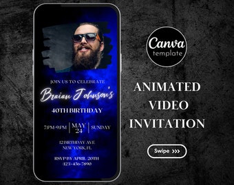 Modello di invito video animato per festa di compleanno in nero e blu con foto Invito a sorpresa per festa di compleanno maschile Invito mobile 52