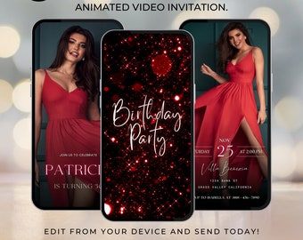 Editable Birthday Invitation Template Red Birthday invite for girls Birthday party Invitation with photo Animated Video Invite 419