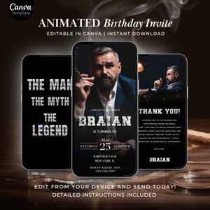 彼への誕生日招待状、男、神話、伝説、編集可能なアニメーションCanvaビデオカード、男性向け誕生日パーティーデジタル招待状
