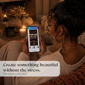 May include: A smartphone displaying a digital invitation template titled Friendsgiving Dinner with gold text on a dark background. The screen shows editing tools and a preview of the invitation design, held in a vertical orientation for mobile viewing.