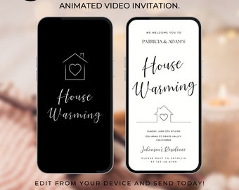 Könnte beinhalten: Animierte Videoeinladung zu einer Einweihungsfeier. Die Einladung ist in Schwarzweiß gehalten und zeigt ein Haussymbol sowie den Text "House Warming". Die Einladung enthält Datum, Uhrzeit und Ort der Feier sowie den Namen des Gastgebers und seine Kontaktdaten.