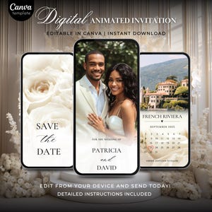 Tarjeta de invitación de boda animada, video digital personalizado, plantilla editable de Canva, tarjeta electrónica de anuncio de boda