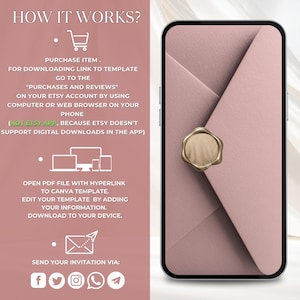 Pu&ograve; includere: Uno smartphone mostra un design di invito digitale rosa con un sigillo di cera dorata. Il testo a sinistra spiega come scaricare e modificare il modello, con il titolo "HOW IT WORKS?"