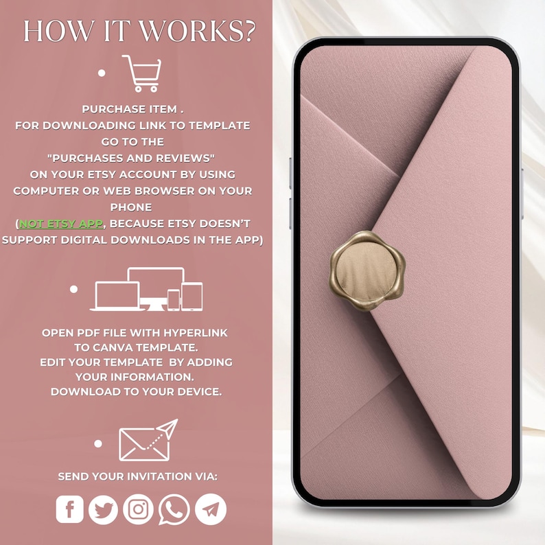 Pu&ograve; includere: Uno smartphone mostra un design di invito digitale rosa con un sigillo di cera dorata. Il testo a sinistra spiega come scaricare e modificare il modello, con il titolo "HOW IT WORKS?"