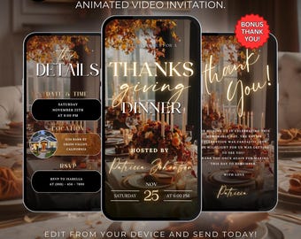 Digital Friendsgiving Dinner Party Invitation, Fall Party Video Invite, Cozy Thanksgiving Dinner Party Evite, Self Editable DIY Itinerary