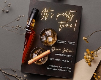 Modèle imprimable modifiable d'invitation de whisky Invitation d'anniversaire de whisky pour homme, invitation d'anniversaire, modèle d'itinéraire d'invitation de soirée whisky