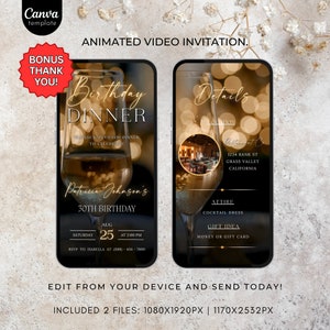 May include: Animated video invitation for a 50th birthday dinner party. The invitation features a glass of wine and a gold background with the text "Birthday Dinner" and "Patricia Johnson's 50th Birthday". The invitation also includes details about the event, such as the date, time, location, attire, and gift ideas.