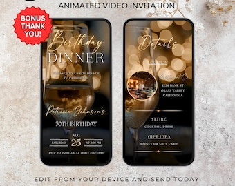 Invitation vidéo animée pour le dîner d'anniversaire, chaude hygge, invitation numérique confortable à une fête d'anniversaire, invitation texte pour dîner d'anniversaire, dîner