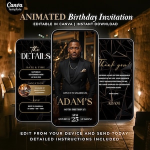 Luxury Black and Gold Birthday Invitation Video Template, Editable Canva Digital Birthday Party Evite for Men’s 30th 40th 50th Celebration
