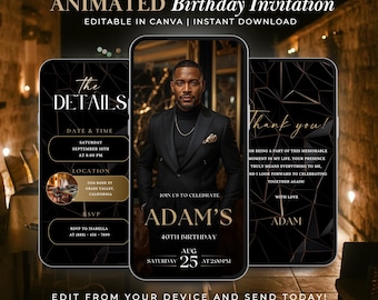 Luxury Black and Gold Birthday Invitation Video Template, Editable Canva Digital Birthday Party Evite for Men’s 30th 40th 50th Celebration