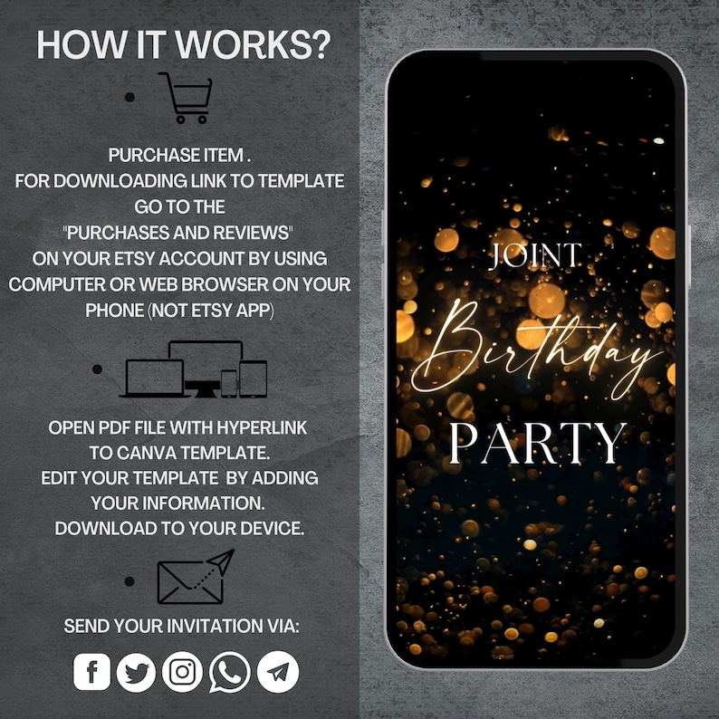 May include: A smartphone screen displays a "Joint Birthday Party" invitation template with gold bokeh effects. The image includes instructions on how to download and edit the template, along with social media icons for sharing.