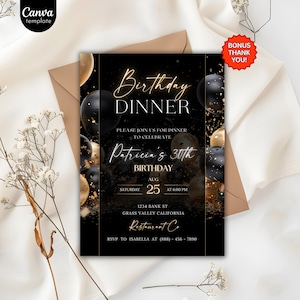 Digital Birthday Dinner Invitation Template, Black Tie Glam Invite, Animated Black Golden Diamond Evite For Men & Women, Self Editable eCard