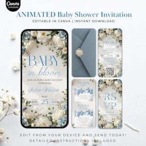 Może przedstawiać: Animowany szablon zaproszenia na baby shower z kwiatowym wzorem. Zaproszenie zawiera szczegóły dotyczące wydarzenia, takie jak data, godzina i miejsce. Projekt zawiera tekst "Baby in Bloom" i "Sofia Wilson".