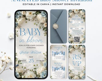 Invitación animada para baby shower de niño, plantilla de Canva con bebé azul en flor, invitación digital editable para video de baby shower.