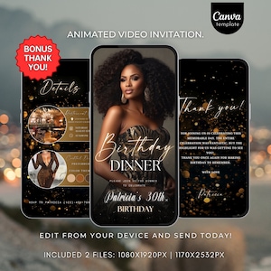 Animated Birthday dinner video invitation digital birthday party invitation text invitation dinner party invite download canva template 598