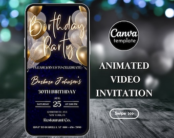 Modello di invito di compleanno modificabile Invito di compleanno blu oro Invito video animato per feste di compleanno Invito mobile con palloncini dorati418