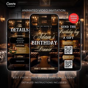 Animated Birthday Dinner Invitation, DIY Template Design, Men&#39;s Party Video Invite, Premade Gold Party Celebration Event Digital Einvite 755