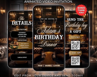 Animated Birthday Dinner Invitation, DIY Template Design, Men's Party Video Invite, Premade Gold Party Celebration Event Digital Einvite 755