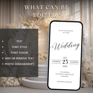 May include: A white and black wedding invitation template on a smartphone screen. The text on the invitation reads "In the celebration of their Wedding, Saturday, August 25, 2025, at 2:00 PM, Villa Benezia, 1234 Bank St, Grass Valley, California, Reception to follow."