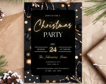 May include: Black and gold Christmas party invitation with gold confetti and ornaments. The invitation reads "Join us for a Christmas Party" with the date and time of the party. The invitation also includes the address and RSVP information.