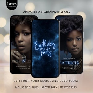 Editable Birthday Invitation Template Birthday invite for girls Birthday party Invitation with photo Animated Video Invite Blue invitation