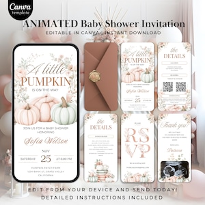 Little Pumpkin Baby Shower Video Invitation, Animated Fall Baby Shower Evite, Boho Neutral Pumpkin Baby Shower Digital Invite Canva Template