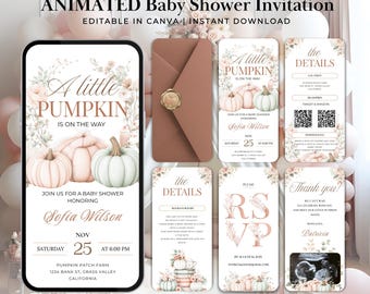 Invito video per baby shower a tema zucca, invito animato per baby shower autunnale, invito digitale per baby shower boho neutro a tema zucca (modello Canva)