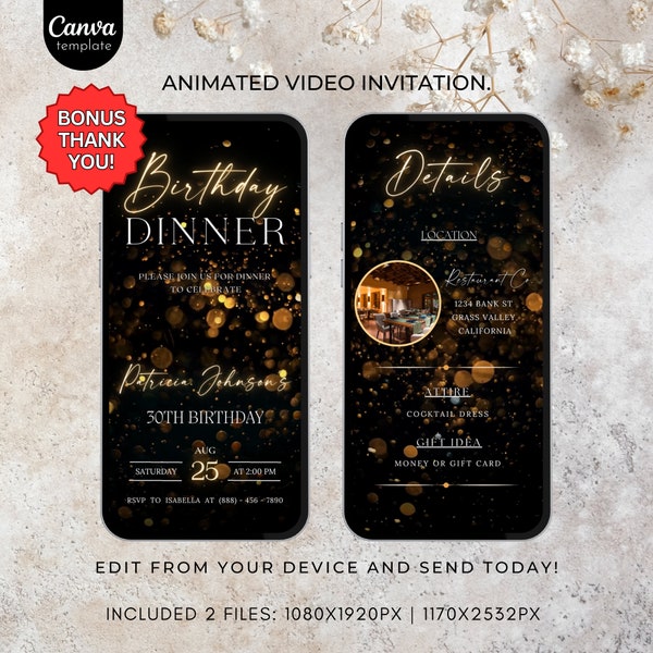 Animated Birthday dinner video invitation digital birthday party invitation text invitation dinner party invite download canva template 474