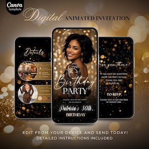 Black Gold Animated Birthday Dinner Invite, Editable Canva Template, Glam Video Party Invitation for Women, Digital RSVP Download